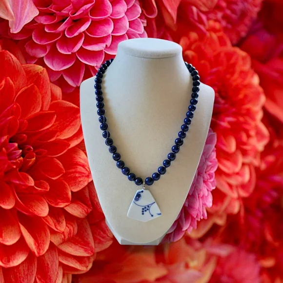 Nozomi Project | Blue/White Upcycyled Lapis Lazuli Porcelain Necklace - Picture 1 of 13